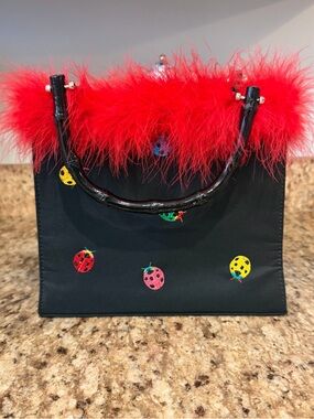 VTG Black Lady Bug Embroidery Whimsical Fairy Fur Wooden Handle Y2K Purse Bag